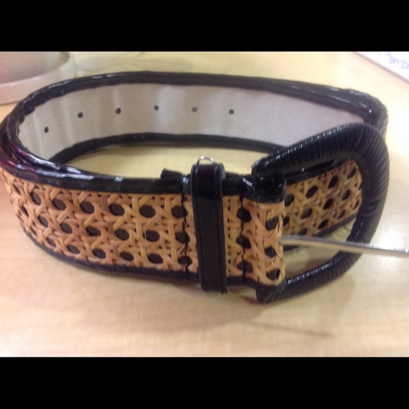 WHBM Tan Basketweave Belt Patent Leather Cane Wide